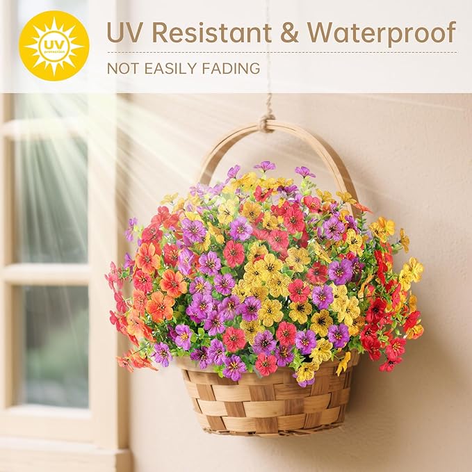 12 Bundles Artificial Flowers for Outdoor Indoor Summer Spring Flowers Home Decoration,Fake Silk Colorful Flower for Outside,Faux Daisy Plastic Flowers Plant,UV Resistant for Garden Porch Patio Decor