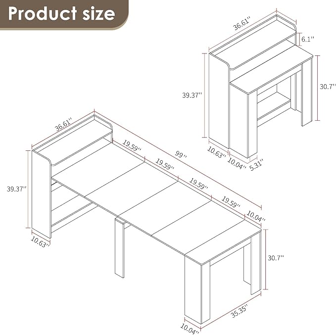DMAITH 20"-99" Extendable Dining Table with Storage for 2-10 People, Modern Modular Extension Table, Space-Saving Extra Long Folding Dining Table, Multifunctional Conference Meeting Table, Walnut