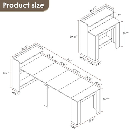 DMAITH 20"-99" Extendable Dining Table with Storage for 2-10 People, Modern Modular Extension Table, Space-Saving Extra Long Folding Dining Table, Multifunctional Conference Meeting Table, Walnut