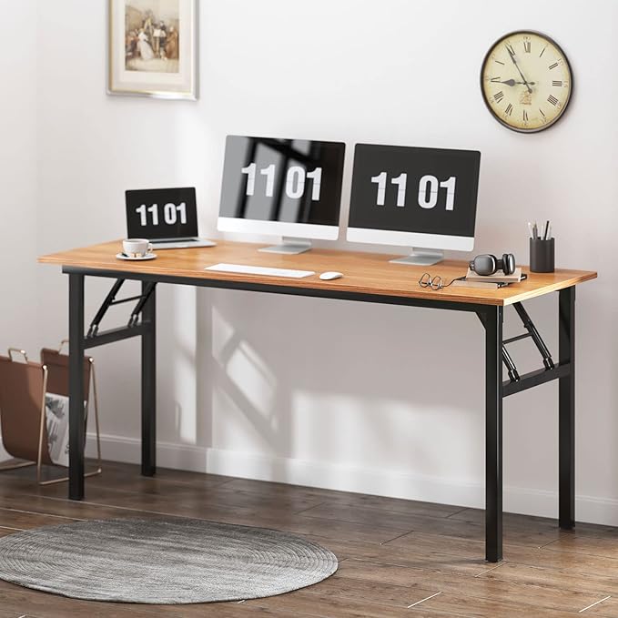 SDHYL 62 inches No Assembly Foldable Computer Desk for Home Office Workstation, Modern Study and Writing Folding Table with Metal Frame, Teak and Black