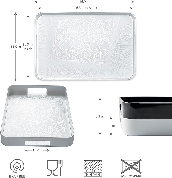 Bzyoo Melamine Gallery Tray -11.5in x 16inch Large Rectangle Serving Tray with Handle for Entertaining, Ottoman and Kitchen Counter Decor, Decorative Home Coffee Table Tray or Vanity Tray - White
