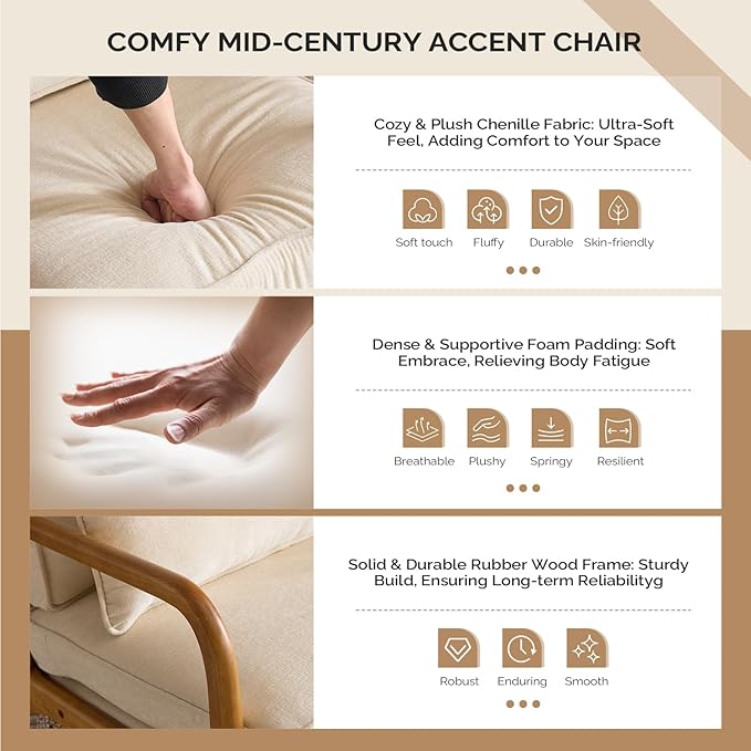 VINGLI Chenille Mid-Century Modern Accent Chair Set of 2, Cute Reading Arm Chair with Cushion & Lumbar Pillow & Solid Wood Frame for Lounge, Living Room, Reading Room, Bedroom,Cream