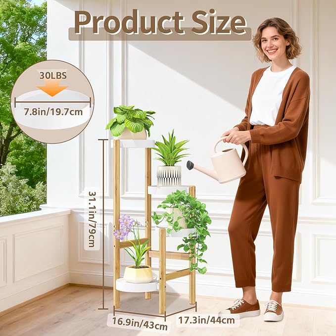 LASZOLA Bamboo White 4 Tier Heavy Duty Plant Stand Indoor, Tall Multiple Level Vertical Planter Rack for Modern Narrow Corner, Slim Spiral Flower Holder Organizer Display for House Decor, Plastic Tray