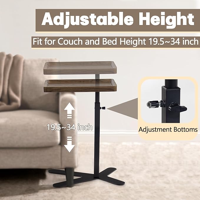 Aoligrace Walnut Side Table Adjustable Height, 360° Swivel C Shaped End Table with Metal Base, Small TV Tray for Living Room Bedroom Small Spaces, Sofa Couch Tables That Slide Under