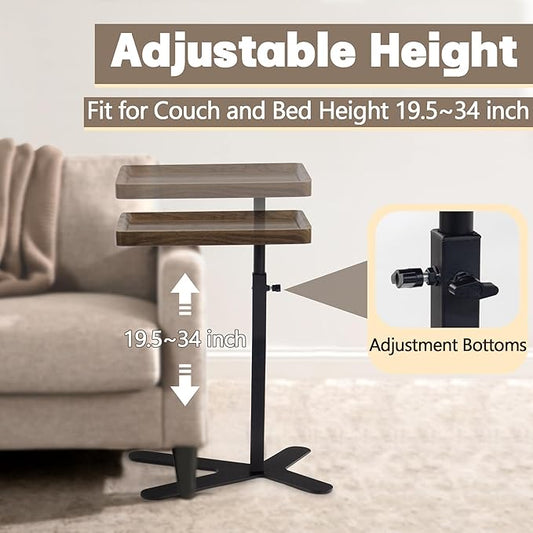 Aoligrace Walnut Side Table Adjustable Height, 360° Swivel C Shaped End Table with Metal Base, Small TV Tray for Living Room Bedroom Small Spaces, Sofa Couch Tables That Slide Under