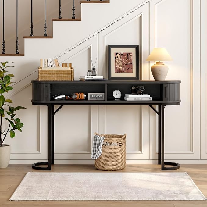 ONBRILL 55 Inch Console Table with 2 Drawers, Entryway Table with Sliding Door, Long Sofa Table Behind Couch w/Metal Leg, Mid-Century Modern Console Table for Entryway, Hallway, Living Room,Black