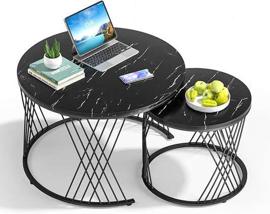 Giluta Black Round Coffee Table Set of 2, Modern Coffee Tables for Living Room, Faux Marble Center Table, Nesting Coffee Table