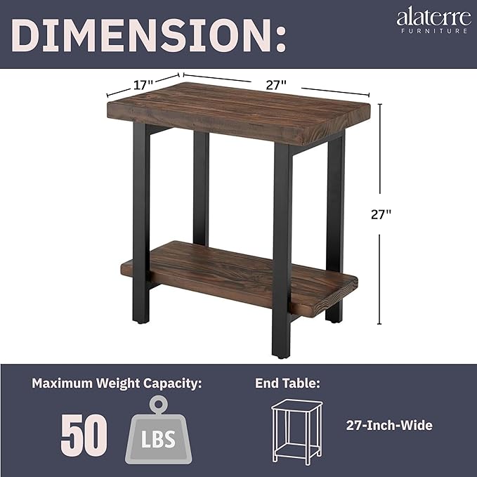 Pomona 27-Inch Wood End Table in Rustic Natural Finish with Metal Legs - 2-Tier Modern Farmhouse Side Table for Home Décor or Accent in Living Room, Bedroom, and Office by Alaterre Furniture