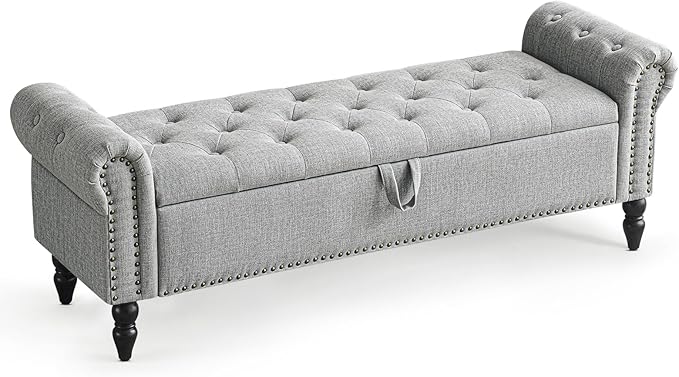 Furniliving 63” End of Bed Bench, Bedroom Bench with Button-Tufted, Large Upholstered Storage Ottoman Benches Entryway Bench with Storage Shoe Cabinet Bench, for Bedroom, Living Room, Linen, Grey