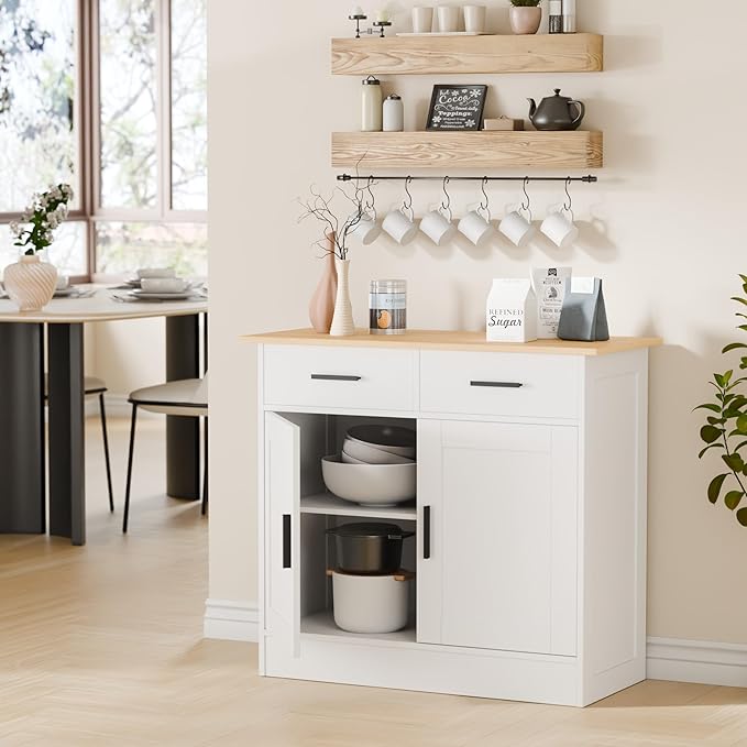 Buffet Cabinet with Storage - Buffets & Sideboards Kitchen Storage Cabinet, Wood Console Table Coffee Bar Accent Cabinets for Living Room Dining Room Entryway Small 2 Doors & Drawers, White 35.4"W