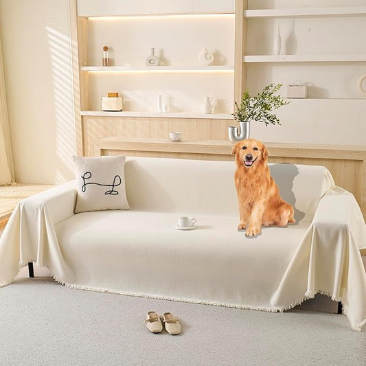 100% Waterproof Couch Cover Sofa Covers for 3-4 Cushion Couch Sectional Couch Washable Sofa SlipCover for Dog Pet-Friendly Furniture Protector for Living Room with Tassel(91" x 150", Beige)