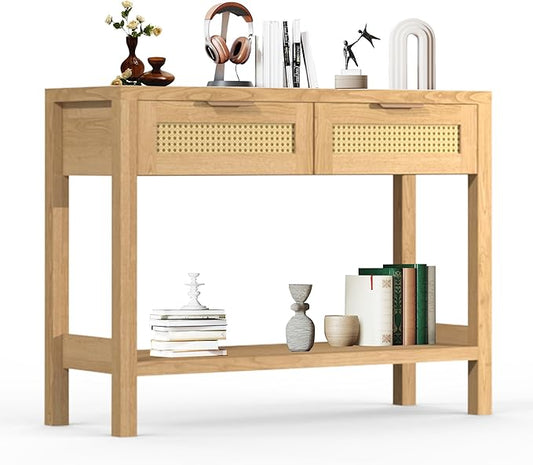 Rattan Console Table for Entryway, Boho Narrow Sofa Tables with Storage Shelf and 2 Drawers for Behind Couch Living Room, Hallway, Entrance, Natural Wood