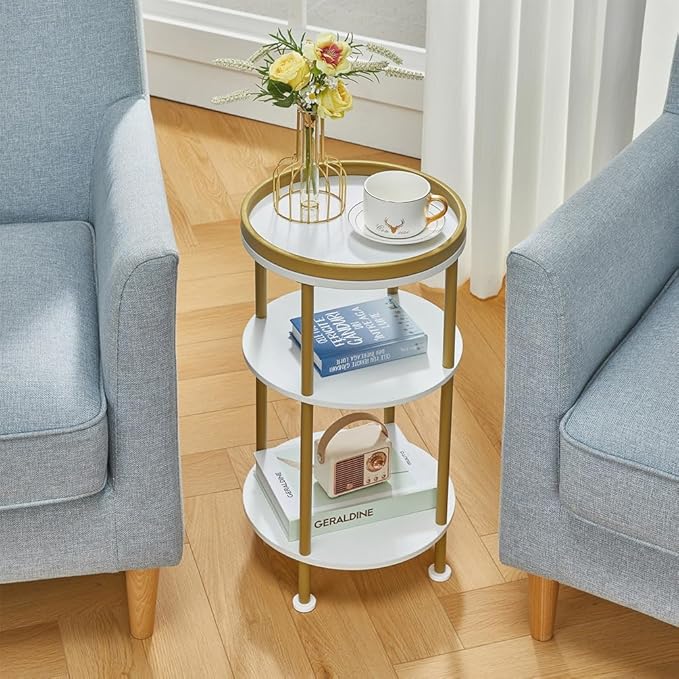 Small Round Side Table, Gold Round End Table with White Shelves, 3-Tier Modern Nightstand for Bedroom & Living Room, 21.7" H Narrow Gold Accent Table for Small Spaces, Dorm, Nursery (White & Gold)