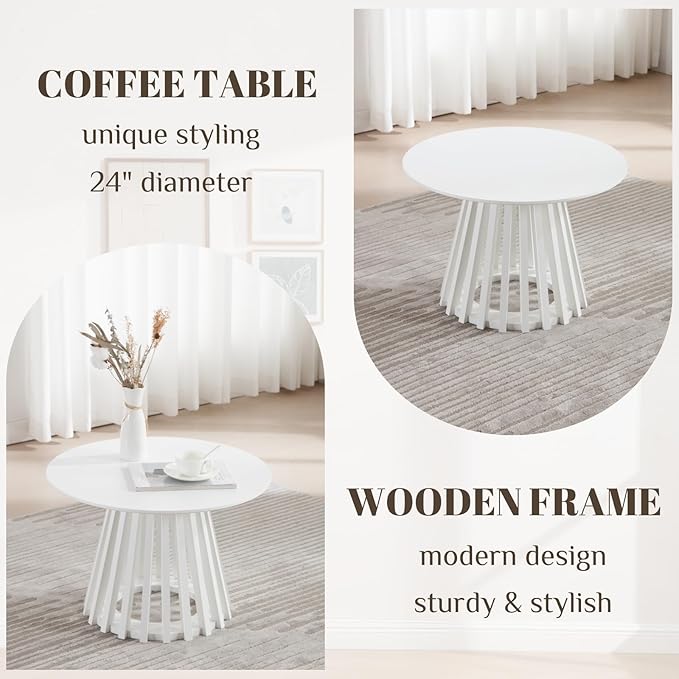 HEAH-YO Round Coffee Table, Circle End Table with Pedestal Base, 24 Inch Modern Side Table for Living Room Home Office, White