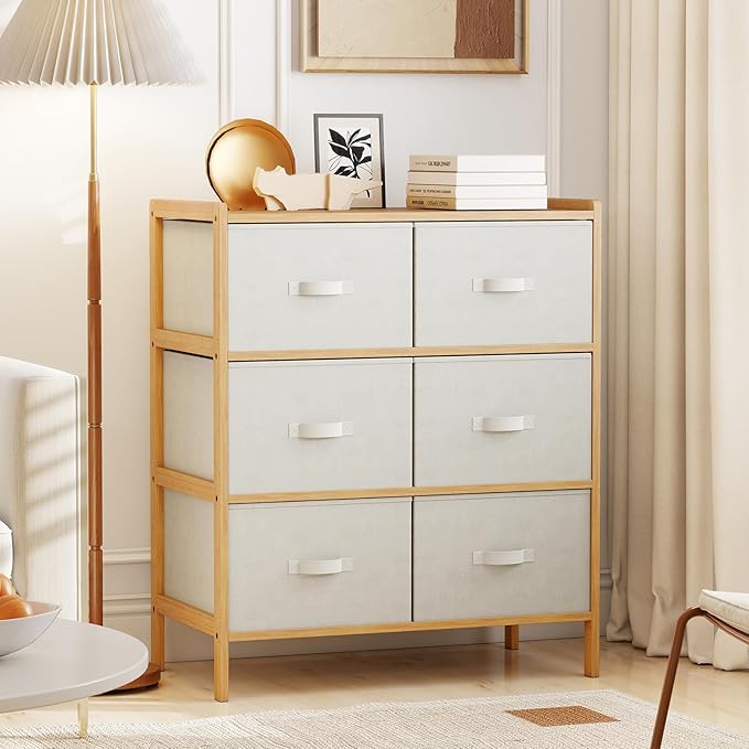 Giantex 6-Drawer Dresser for Bedroom, Bamboo Storage Tower with 6 Foldable Fabric Drawers & Top Shelf, Modern Chest of Drawers, Vertical Organizer Unit for Closet, Living Room (14" D x 26" W x 31" H)