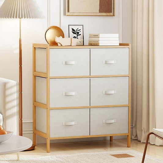 Giantex 6-Drawer Dresser for Bedroom, Bamboo Storage Tower with 6 Foldable Fabric Drawers & Top Shelf, Modern Chest of Drawers, Vertical Organizer Unit for Closet, Living Room (14" D x 26" W x 31" H)