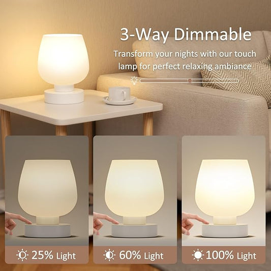 Touch Bedside Table Lamp Set of 2 - Small Bedside Lamp for Bedroom Living Room Night Stands, Desk Lamp with White Glass Shade for Small Spaces, 3 Way Dimmable, LED Bulbs, Gifts