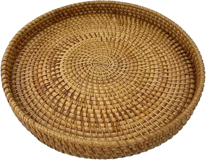 Hand Woven Rattan Serving Basket 11 inch - Round Platter for Fruit, Snacks, Appetizers, Bread, Breakfast, BBQs, Parties - Decorative Tray for Living Room, Kitchen, Dining Decor (Large)