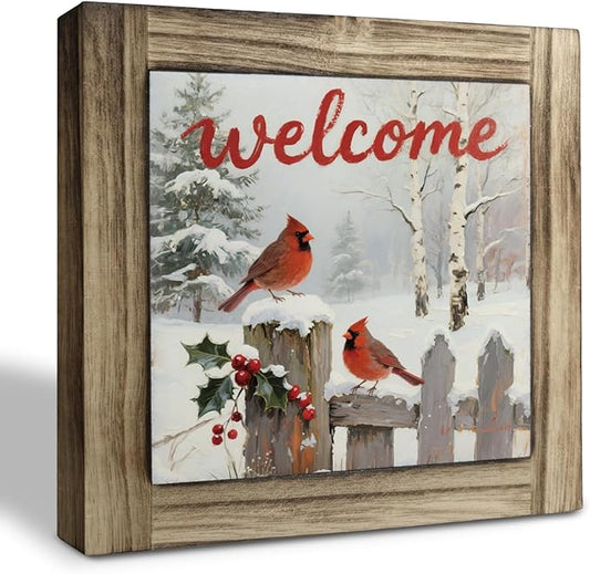 Christmas Welcome Sign, Cardinal Decors, Farmhouse Wooden Table Sign, Desk Decor Art, Winter Home Decor, Christmas Decoration for Home Office Cafe Bar Club, Front Door Porch Decors