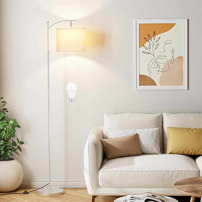 60" Floor Lamps for Living Room with 3 Color Temperatures, Adjustable White Shade with Silver Pole, Tall Lamps for Living Room Bedroom Office Classroom Dorm Room, 9W Bulb Included