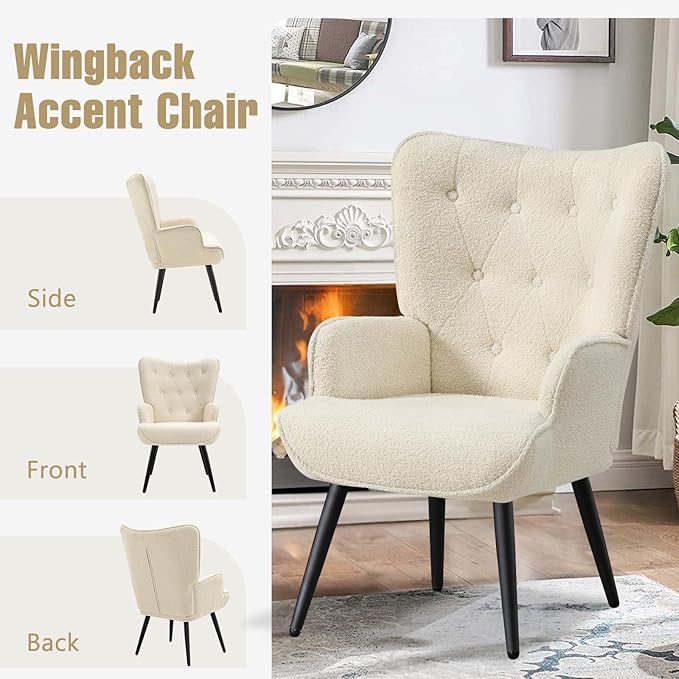 Furniliving Boucle Accent Chair for Living Room, Upholstered Reading Chair with High Backrest, Tufted-Button Wingback Armchair for Bedroom, Dressing Room, Home Office, Ivory White, Set of 2