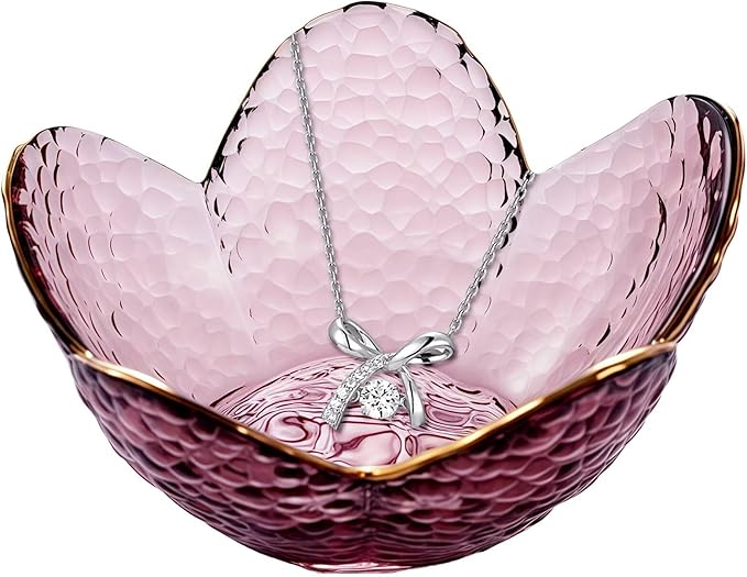 Small Purple Flower Jewelry Dish, Glass Jewelry Ring Tray Trinket Bowl, Nightstand Decor Ring Holder for Women, Wedding, Birthday, Mother's Day Gifts for Women