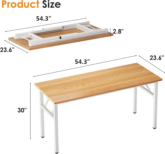 Need Folding Desk, 54 inch Large Computer Desk for Home Office, No Install Needed Study Student Writing Table Desk Workstation, Teak White