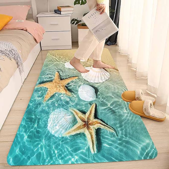 Bath Rugs Sponge Foam Absorbent Soft for Bathroom and Kitchen (47x18 inches), Flannel Mat Non Slip Bright 3D Print for Bedside and Living Room(Scallop Starfish)