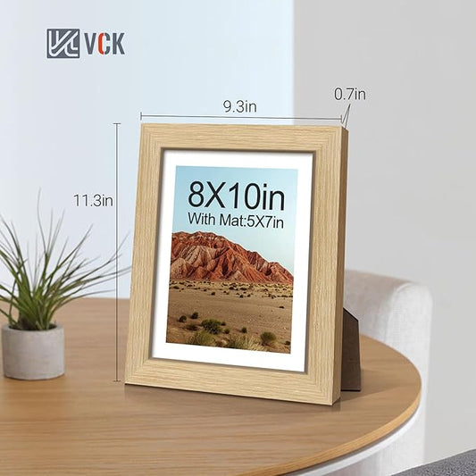 VCK 8x10 Picture Frame 5 Pack - Natural Oak, High-End Wood Poster Frames with Tempered Glass, Display 5x7 Photo with Mat or 8x10 without Mat, Art Gallery-Quality, Wall Hanging/Tabletop, Natural Oak