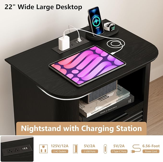 22'' Fluted Nightstand with Charging Station, Modern End Table with 2 Drawers and Open Storage, Wood Night Stand with Round Corner, Side Bedside Table for Bedroom, Living Room, Curved Profile,Black