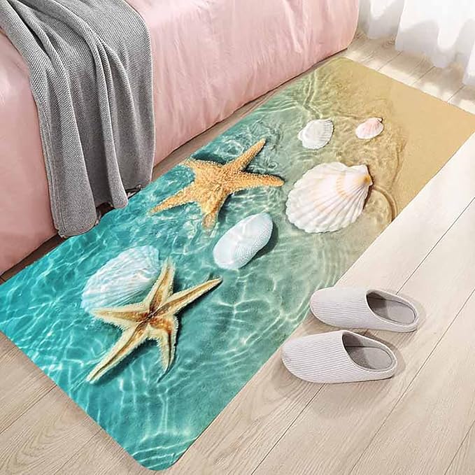 Bath Rugs Sponge Foam Absorbent Soft for Bathroom and Kitchen (47x18 inches), Flannel Mat Non Slip Bright 3D Print for Bedside and Living Room(Scallop Starfish)