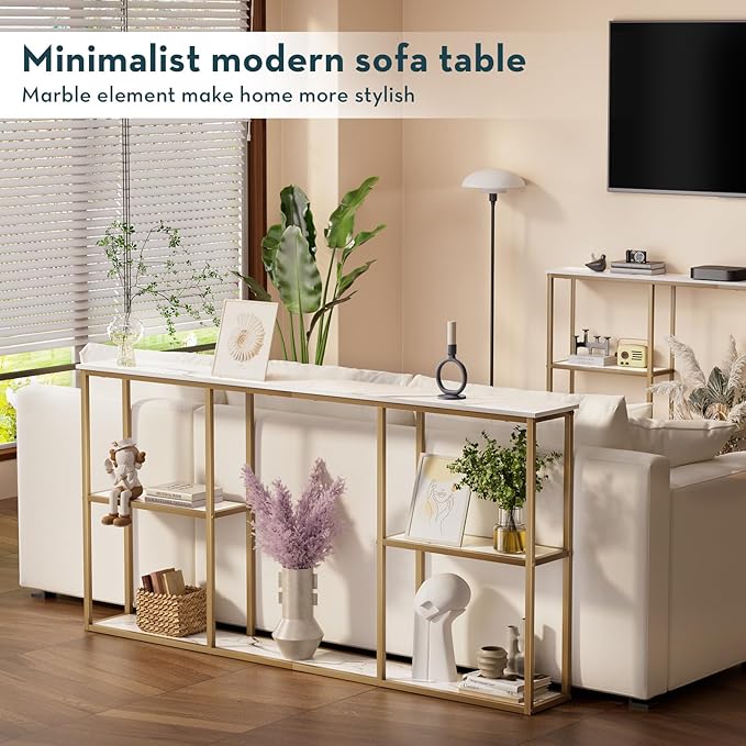 WOHOMO Gold Console Table,3-Tier Small Entryway Table for Hallway, Narrow Sofa Table Behind Couch for Living Room,Entrance(63 inch)