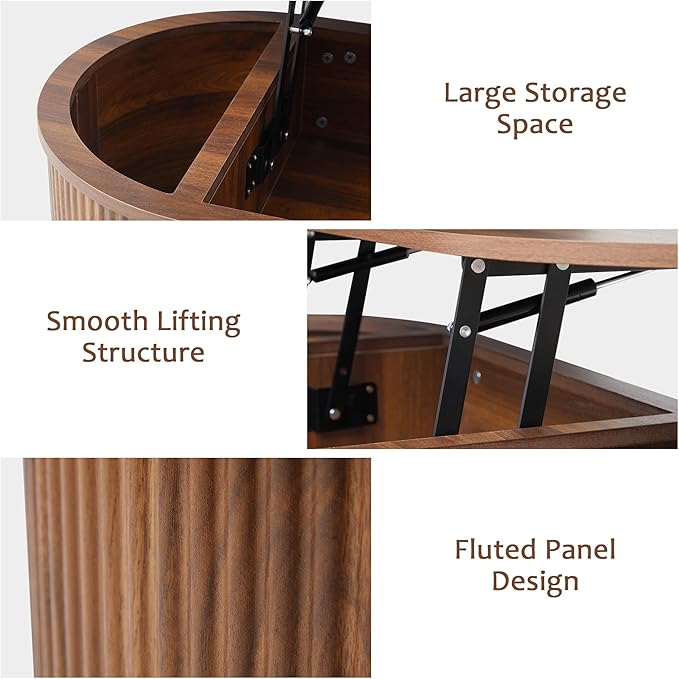 ORRD Lift Top Coffee Table, Fluted Coffee Table with Lifting Top, Wooden Lift Up Dining Table with Hidden Compartment, Center Table for Living Room, Office - Walnut