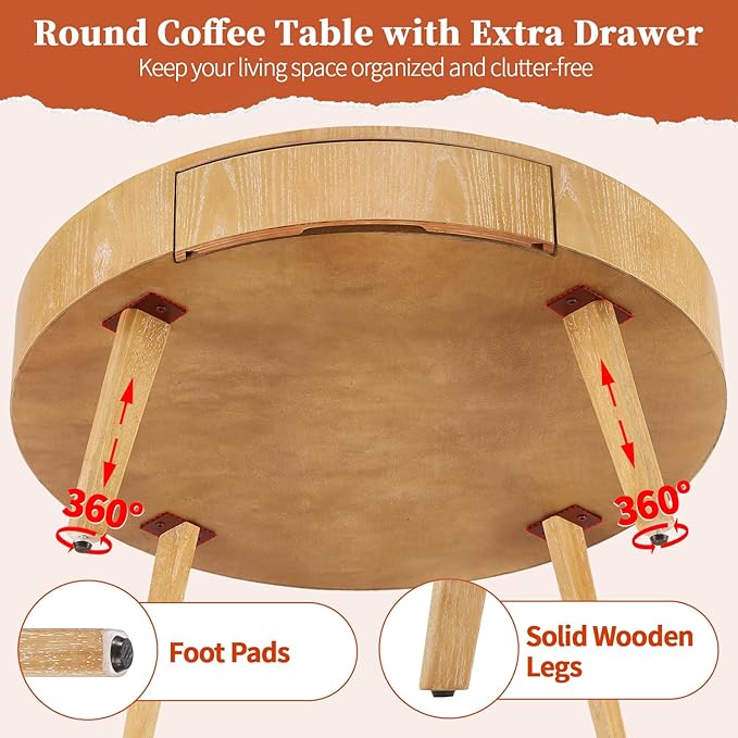 2 Piece Modern Farmhouse Coffee Table Set with Drawer, Boho Round Natural Real Wood Coffee Table for Living Room, Nesting Coffee Side Table Set with Radial Design, Light Brown