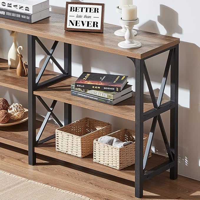 IBF Rustic Console Table, Industrial Wood and Metal Sofa Table, Hallway Entry Table for Home Living Room, Barnwood Foyer Accent Entryway Table with Retro Vintage Storage Shelf, Rustic Oak, 55 Inch