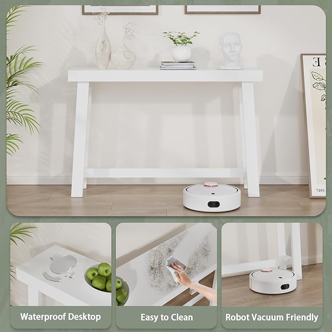 Bamboo 47.2" Narrow Console Table, Wood Farmhouse Side Table, Rectangular Entryway Table, Modern Sofa Table Behind Couch with Storage Shelves for Entrance, Living Room, Hallway, Foyer (White)