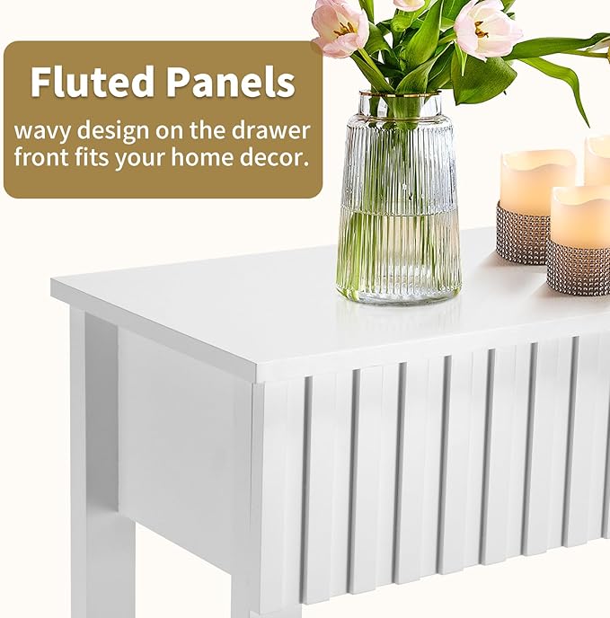Karl home 51" White Console Table with 3 Fluted Drawers, Modern Sofa Table with Open Storage Shelf for Living Room, Foyer Hallway