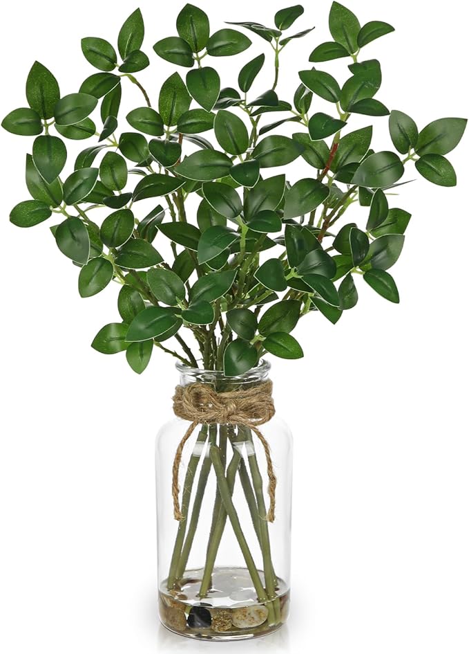 DILATATA Artificial Ficus Stems in Glass Vase with Faux Water and Real Stones 15" Fake Greenery Plant Ficus Leaves for Home Office Farmhouse Bathroom Bedroom Kitchen Table Centerpiece Decor