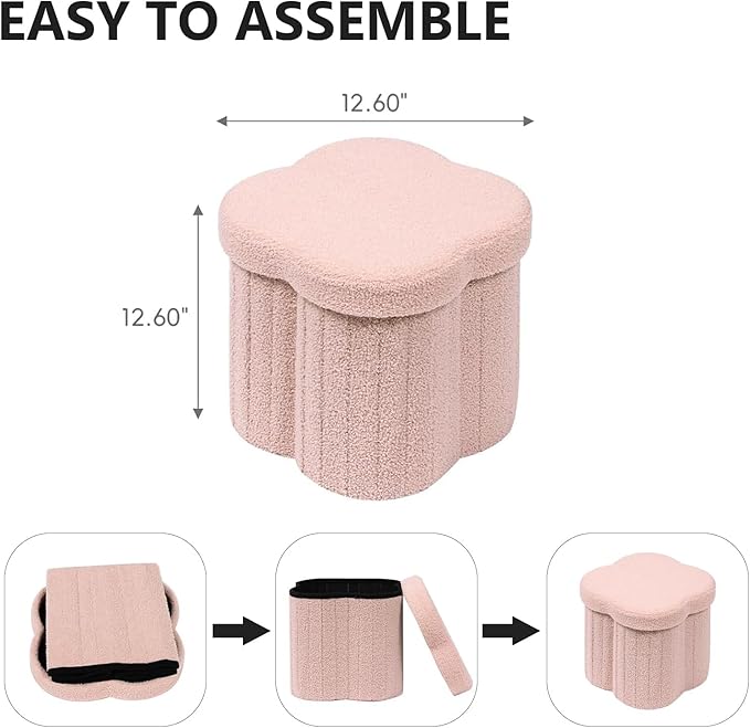 12.6" Small Ottoman with Storage, Flowers Shaped Foldable Foot Rest for Dorm Room, Living Room - Compact Organizer for Small Spaces-Pink