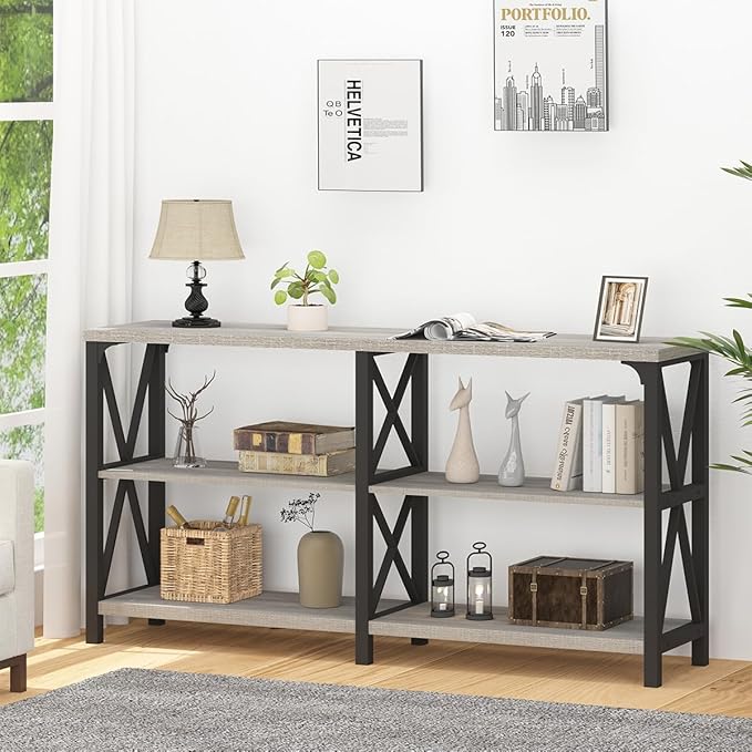 IBF Long Entryway Console Table, Industrial Metal Wood Entry Table with Storage Shelves, Modern Rustic 3 Tier Sofa Table for Entry Way Hallway Behind Couch Living Room Bedroom, Light Grey Oak, 63 Inch