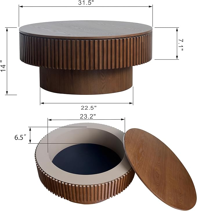 31.5'' Round Coffee Table for Living Room, Solid Wood Veneered Modern Nesting Coffee Tables with Storage, Circle Fluted Drum End Side Accent Tea Table for Bedroom Apartment Office, Walnut