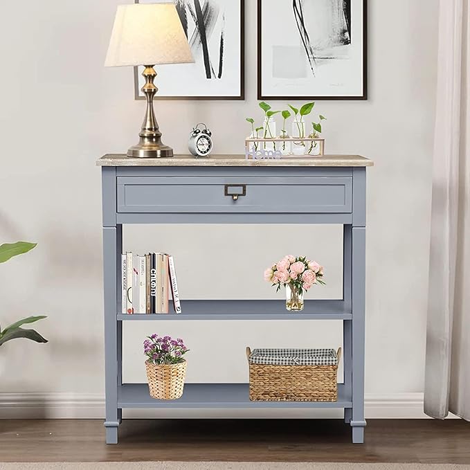 MOTION Entryway Table - Console Table with Drawer Wood & 2 Storage Shelf Narrow Eryway Table for Bedroom Living Room Hallway, Grey