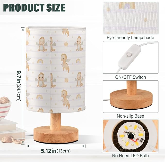 Table Lamp Watercolor Baby Dragon Rainbow Striped Pattern Nightstand Lamp with Wood Base Fabric Lamp Shade Bedside Desk Lamp for Living Room Bedroom Kids Room Office