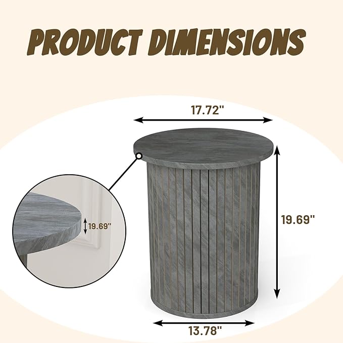 Round Side Coffee Table with Fluted Design Modern Wooden Accent End Table for Living Room, Bedroom, Office Small Nightstand(Grey)