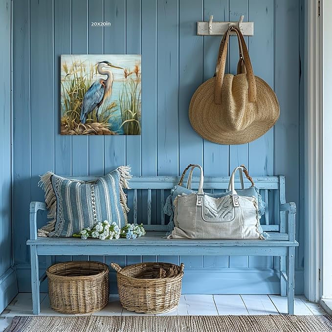 YUEYARIT Bathroom Decor ardea herodias Wall Art Ocean Theme Blue sea Picture Heron Canvas Print Modern Coastal Artwork Framed Hanging Dining Office Living Room