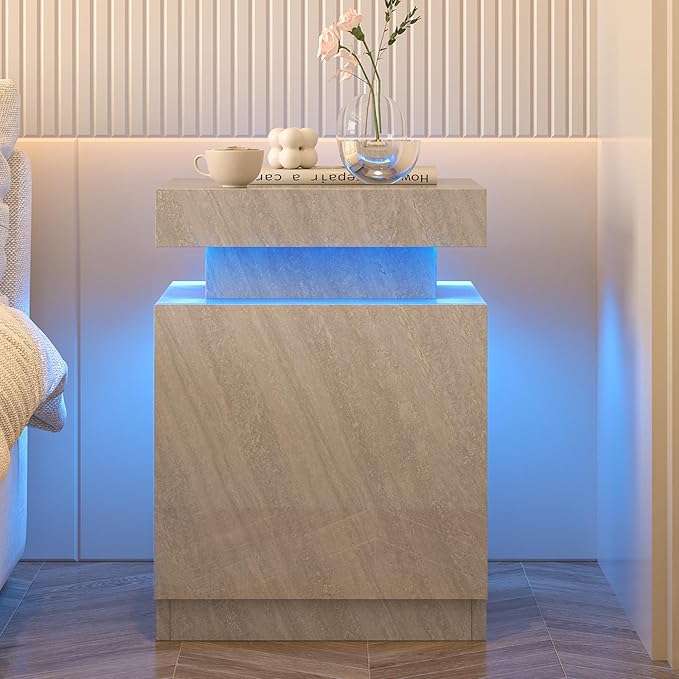 oneinmil LED Nightstands Set of 2, Night Stand with Storage Cabinet for Bedroom, Bedside Table with LED Lights, Modern End Side Table, Grey
