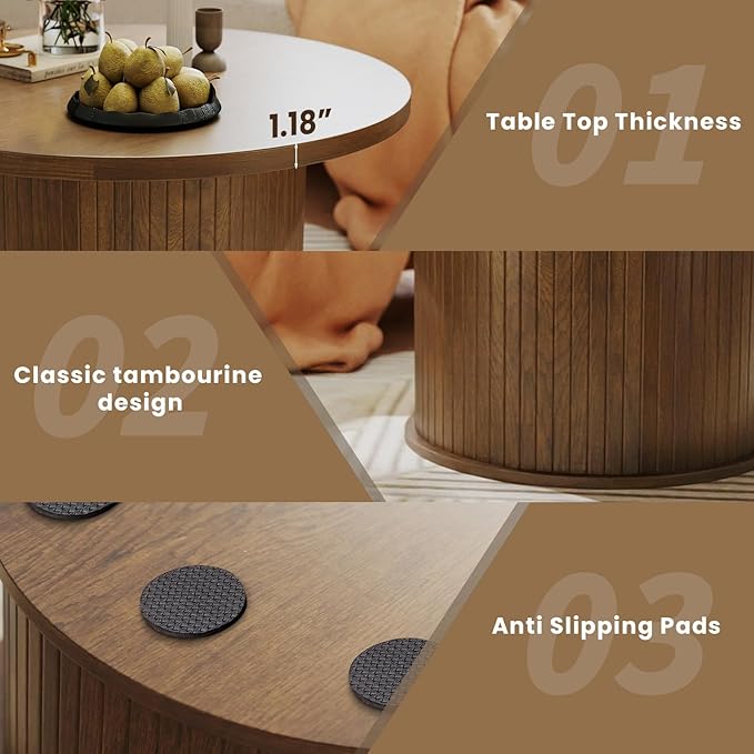 SoarFlash 31.5 Inch Fluted Coffee Table, Mid Century Modern Round Coffee Table, Center Table with Sliding Door and Wood Fluted Handle for Living Room, Brown