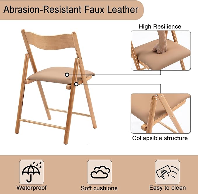 Folding Chairs Set of 4, Wooden Foldable Dining Chairs with Faux Leather Cushion 4-Pack Portable and Stackable Chairs for Dining Kitchen Office Wedding Picnic(Khaki,4Pack)
