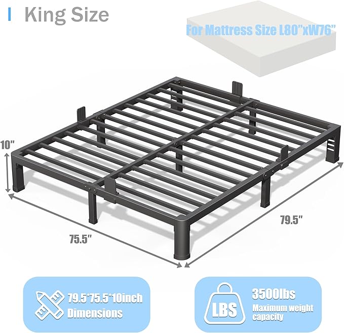 10 inch King Size Bed Frame with Round Corner Legs and Headboard Hole Mattress Slide Stopper Low Profile Heavy Duty Metal Platform,Steel Slat Support,No Box Spring Needed,Easy Assembly,Noise Free