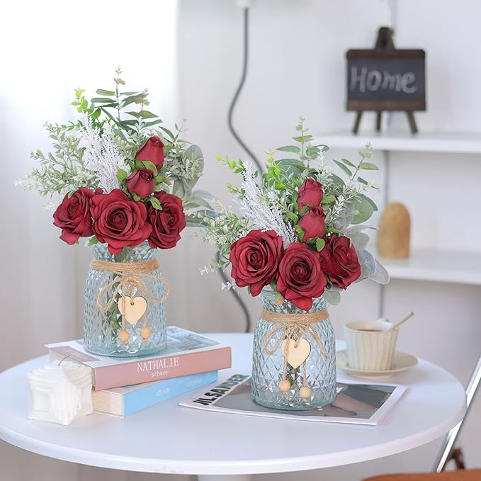 Faux Flowers with Vase,Artificial Silk Roses in Vase, Fake Plant Eucalyptus Flower Arrangement for Home Office Farmhouse Bathroom Dining Table Centerpiece Decorations Coffee Table Decor (Burgundy)